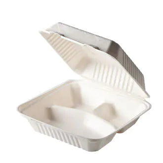 8" x 8" Compostable Clamshell | 3 Compartment | No PFAS Added