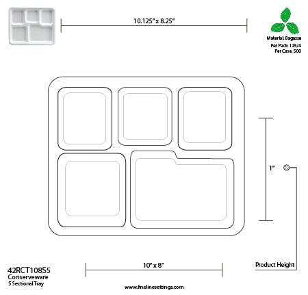 10" x 8" Compostable 5 Compartment Trays | White | School Lunch Tray | Case of 500