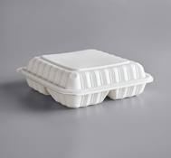 9"x 9"x3" 3-Compartment Microwaveable White Sugarcane Hinged Lid Take-Out Container